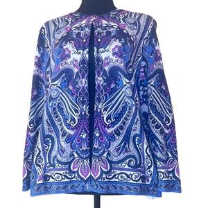 Cardigan sweater waist length . Color blue, fuchsia, gray ,white. Size medium.